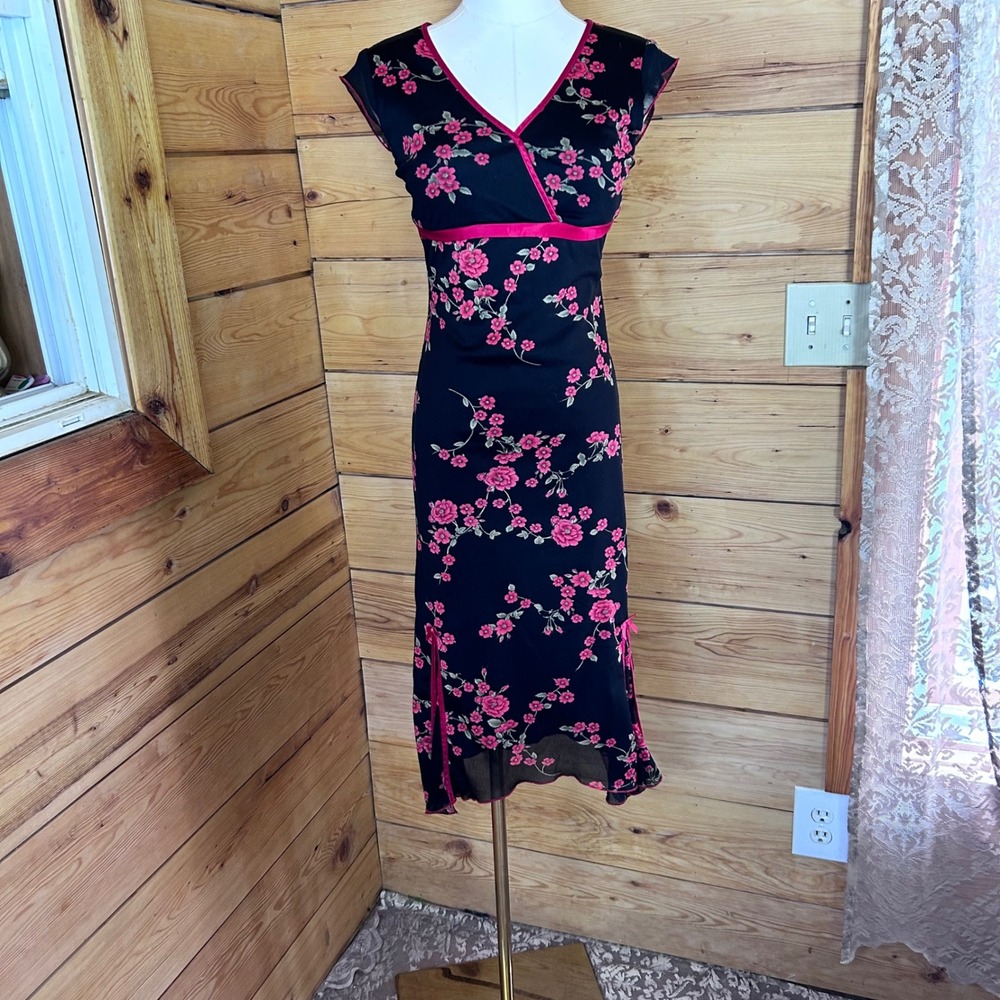 Vintage Asian Dress Women Small Black Pink Floral Y2K Goth Glam Party Ruby Rox - Picture 2 of 13